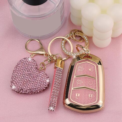 Key Fob Cover with Diamond Keychain Fit for Cadillac Car Key Holder Case Compatible with Cadillac Escalade ATS CTS STS SRX XT5 CT6 Smart Remote Key Protector, 6 Buttons (Silver-Heart) in Saudi Arabia