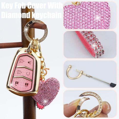 Key Fob Cover with Diamond Keychain Fit for Cadillac Car Key Holder Case Compatible with Cadillac Escalade ATS CTS STS SRX XT5 CT6 Smart Remote Key Protector, 6 Buttons (Silver-Heart) in Saudi Arabia