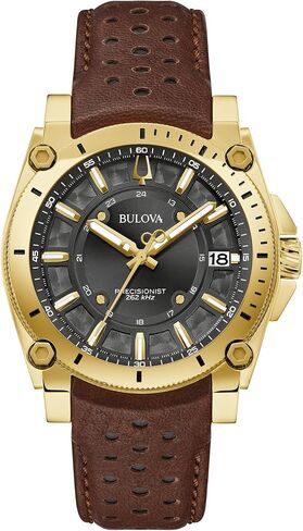 Bulova Men's Icon High Precisionist Quartz Gold Tone Stainless Steel Case 3-Hand Watch, Leather Brown Strap, Black Dial Style:97B216 in Saudi Arabia