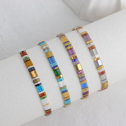 Sonateomber Tila Flat Beaded Stretch Bracelets for Women, Trendy Stackable Colorful Glass Square Beads Stack Bracelet Beach Jewelry Gift in Saudi Arabia