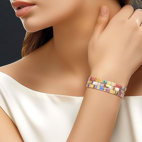 Sonateomber Tila Flat Beaded Stretch Bracelets for Women, Trendy Stackable Colorful Glass Square Beads Stack Bracelet Beach Jewelry Gift in Saudi Arabia