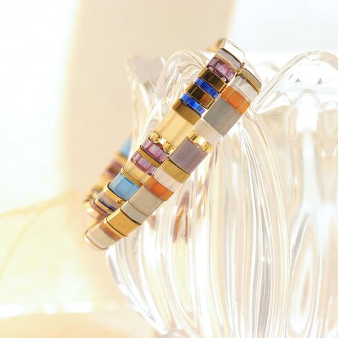Sonateomber Tila Flat Beaded Stretch Bracelets for Women, Trendy Stackable Colorful Glass Square Beads Stack Bracelet Beach Jewelry Gift in Saudi Arabia