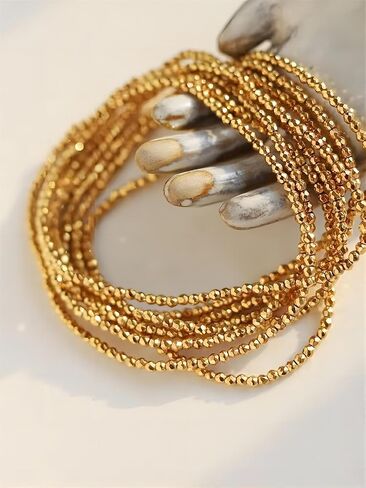 18K Gold Plated 2mm Obsidian Bracelets,Adjustable Hypoallergenic Stackable Stretch Bracelet,Sparkle Link Chain Beaded Gold Bracelets Jewelry Gifts for Women in Saudi Arabia