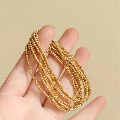 18K Gold Plated 2mm Obsidian Bracelets,Adjustable Hypoallergenic Stackable Stretch Bracelet,Sparkle Link Chain Beaded Gold Bracelets Jewelry Gifts for Women in Saudi Arabia
