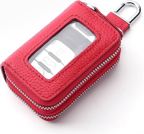Car Key Case, Double Sides Pocket Zipper Remote Fob Keychain Holder Pouch for Men Women, Genuine Leather with Visible Window & Metal Hook & Keyrings (Red w/Window) in Saudi Arabia