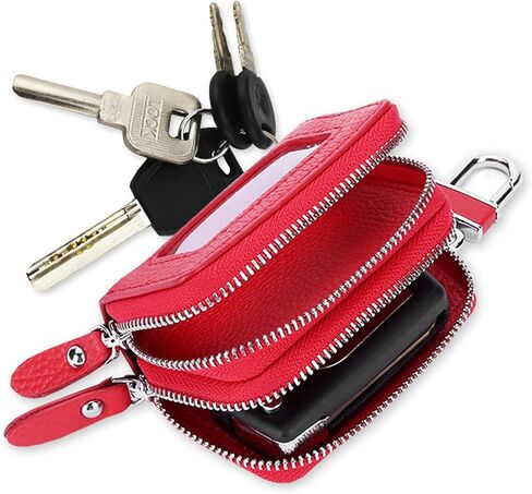 Car Key Case, Double Sides Pocket Zipper Remote Fob Keychain Holder Pouch for Men Women, Genuine Leather with Visible Window & Metal Hook & Keyrings (Red w/Window) in Saudi Arabia