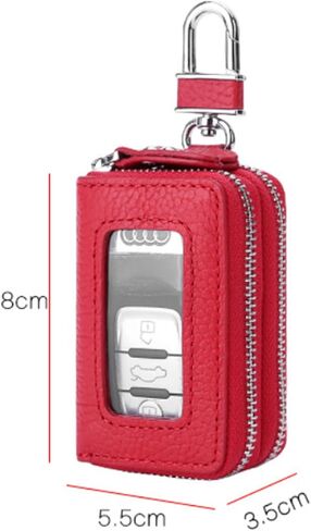 Car Key Case, Double Sides Pocket Zipper Remote Fob Keychain Holder Pouch for Men Women, Genuine Leather with Visible Window & Metal Hook & Keyrings (Red w/Window) in Saudi Arabia