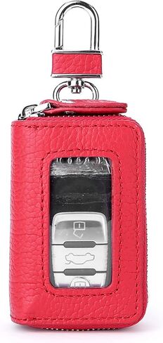Car Key Case, Double Sides Pocket Zipper Remote Fob Keychain Holder Pouch for Men Women, Genuine Leather with Visible Window & Metal Hook & Keyrings (Red w/Window) in Saudi Arabia