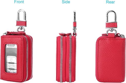 Car Key Case, Double Sides Pocket Zipper Remote Fob Keychain Holder Pouch for Men Women, Genuine Leather with Visible Window & Metal Hook & Keyrings (Red w/Window) in Saudi Arabia
