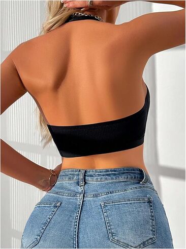 SHENHE Women's Front Closure Halter Neck Plunge Bra Non Padded Contrast Mesh Bralette in Saudi Arabia