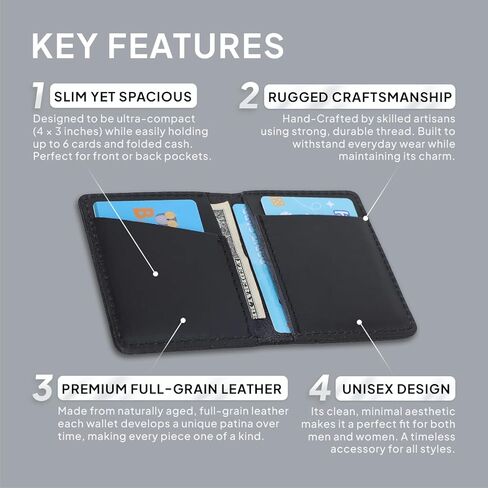 Black Leather Bi-Fold Wallet - Slim Credit Card Case Holder and Cash Organizer Wallet, Stylish Bi Fold Wallet with Leather Card Holder for Men & Women, Credit Card Organizer for Daily Use in Saudi Arabia