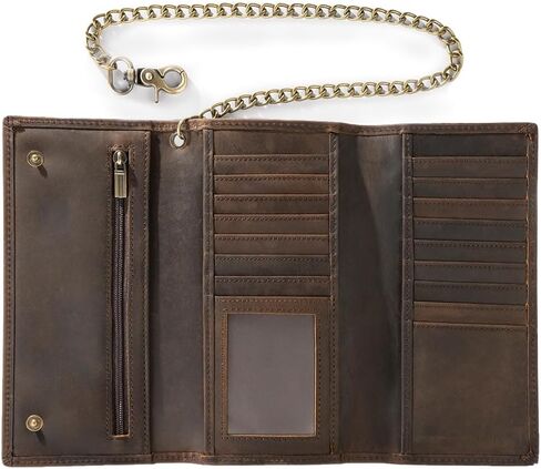 Mens Chain Wallet, Biker Trucker Wallets with Long Strong Chains, Genuine Leather Trifold Billfold, Snap, Brown in Saudi Arabia