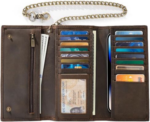 Mens Chain Wallet, Biker Trucker Wallets with Long Strong Chains, Genuine Leather Trifold Billfold, Snap, Brown in Saudi Arabia