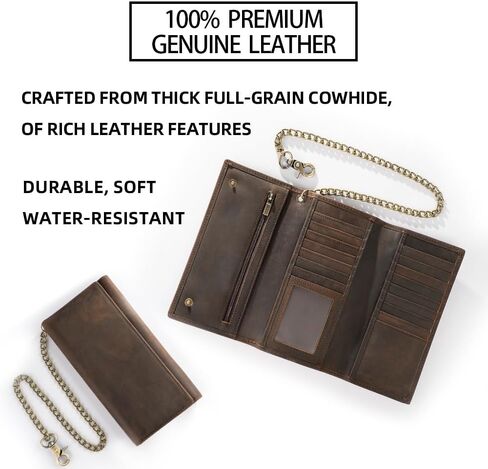 Mens Chain Wallet, Biker Trucker Wallets with Long Strong Chains, Genuine Leather Trifold Billfold, Snap, Brown in Saudi Arabia