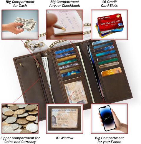 Mens Chain Wallet, Biker Trucker Wallets with Long Strong Chains, Genuine Leather Trifold Billfold, Snap, Brown in Saudi Arabia