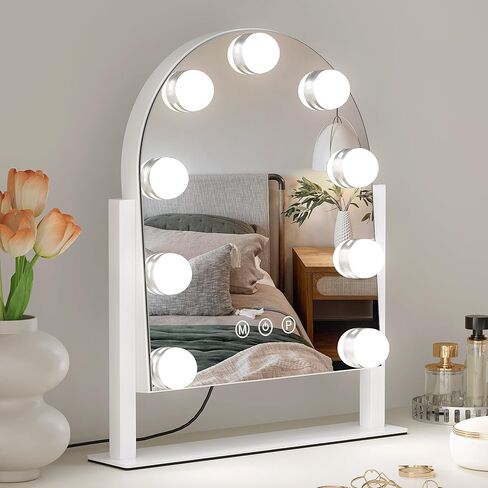 Vanity Mirror with Lights, 14''x12'' Arched Hollywood Makeup Mirror with 3 Color Modes and 9 Dimmable Bulbs, Desk Vanity Mirror with Memory, White in Kuwait