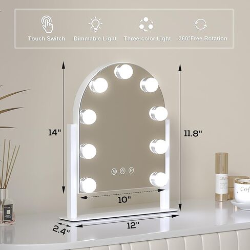 Vanity Mirror with Lights, 14''x12'' Arched Hollywood Makeup Mirror with 3 Color Modes and 9 Dimmable Bulbs, Desk Vanity Mirror with Memory, White in Kuwait
