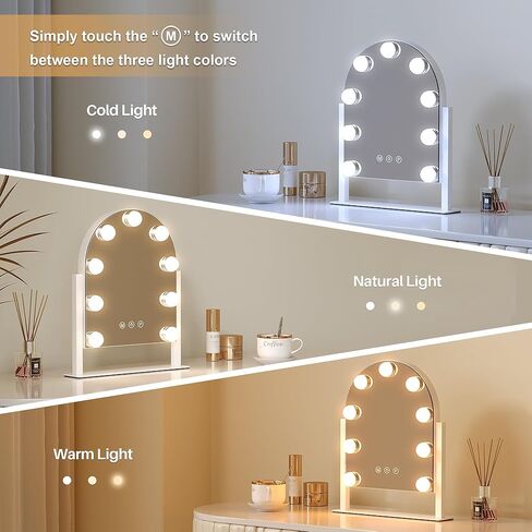Vanity Mirror with Lights, 14''x12'' Arched Hollywood Makeup Mirror with 3 Color Modes and 9 Dimmable Bulbs, Desk Vanity Mirror with Memory, White in Kuwait