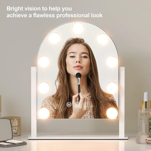 Vanity Mirror with Lights, 14''x12'' Arched Hollywood Makeup Mirror with 3 Color Modes and 9 Dimmable Bulbs, Desk Vanity Mirror with Memory, White in Kuwait