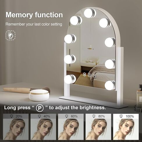 Vanity Mirror with Lights, 14''x12'' Arched Hollywood Makeup Mirror with 3 Color Modes and 9 Dimmable Bulbs, Desk Vanity Mirror with Memory, White in Kuwait
