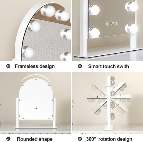 Vanity Mirror with Lights, 14''x12'' Arched Hollywood Makeup Mirror with 3 Color Modes and 9 Dimmable Bulbs, Desk Vanity Mirror with Memory, White in Kuwait