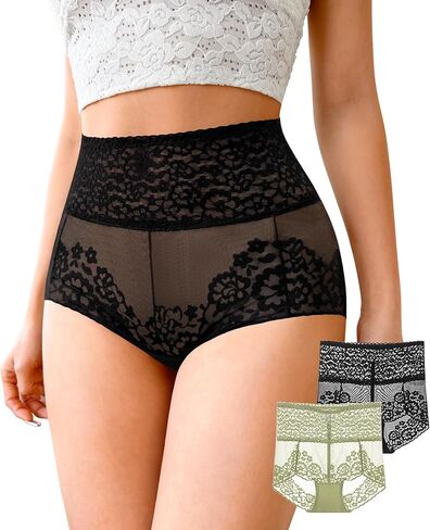 J-pone Women High Waisted Lace Underwear Sexy Stretch Breathable Full Coverage Briefs, 2 Pack in Kuwait