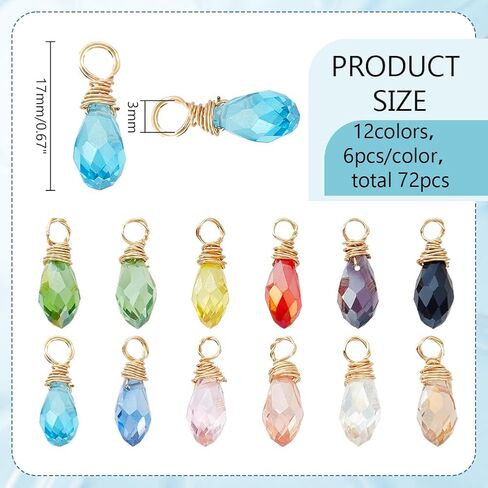 PH PandaHall 72pcs Crystal Charms, 12 Colors Faceted Teardrop Charms Transparent Glass Crystal Pendants Earring Charms Wire Wrapped Glass Charms Beads for Necklace Bracelet Jewelry Craft Jewelry Making, 17x6mm in Saudi Arabia