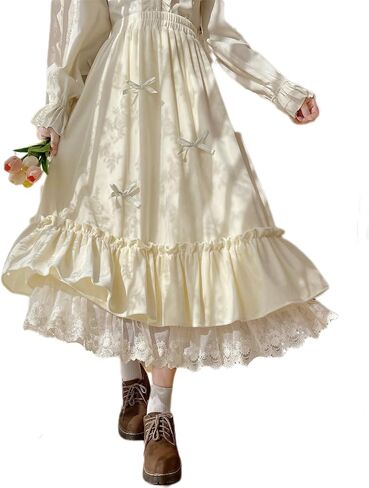 Women's Cute High Waist Maxi Skirt - Renaissance, Ruffle, Flowing Long Victorian Skirt in Saudi Arabia