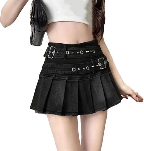 Women's Vintage Sexy Denim Skirts with Belt High Waist Pleated Workout Athletic Skirts in Saudi Arabia