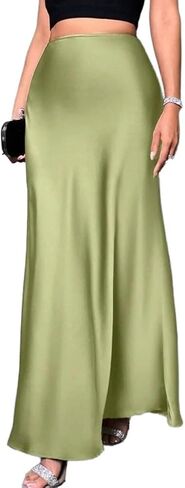 Long Satin Skirts for Women High Waisted A-Line Casual Elegant Flared Flowy Silk Maxi Skirt in Kuwait