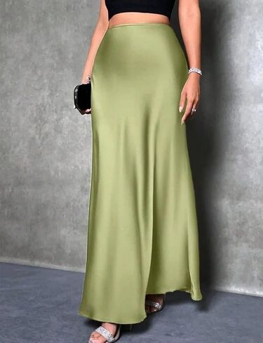 Long Satin Skirts for Women High Waisted A-Line Casual Elegant Flared Flowy Silk Maxi Skirt in Kuwait