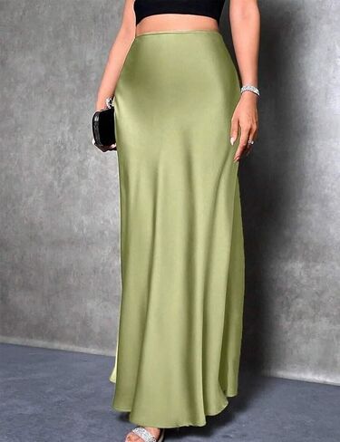 Long Satin Skirts for Women High Waisted A-Line Casual Elegant Flared Flowy Silk Maxi Skirt in Kuwait