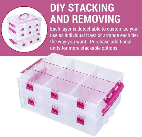 MyGift 11 Inch Clear Arts and Crafts Stackable Container, Sewing Supplies Storage Organizer Case with Pink Accents, 24 Customizable Compartments, and 6 Drawers with Removable Dividers in Saudi Arabia