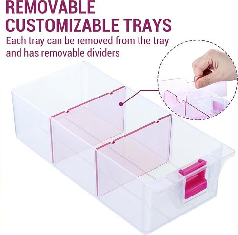 MyGift 11 Inch Clear Arts and Crafts Stackable Container, Sewing Supplies Storage Organizer Case with Pink Accents, 24 Customizable Compartments, and 6 Drawers with Removable Dividers in Saudi Arabia