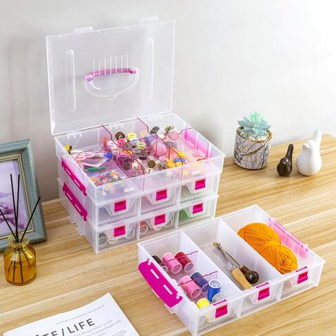 MyGift 11 Inch Clear Arts and Crafts Stackable Container, Sewing Supplies Storage Organizer Case with Pink Accents, 24 Customizable Compartments, and 6 Drawers with Removable Dividers in Saudi Arabia