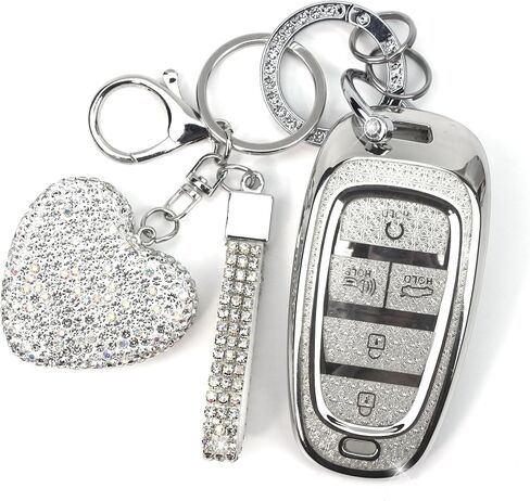 Key Fob Cover with Diamond Keychain Fit for Hyundai Car Key Holder Case Compatible with Hyundai 2023 2022 2021 2020 Sonata Santa Fe Tucson Smart Remote Key Protector, 5 Buttons (Silver-Heart) in Kuwait