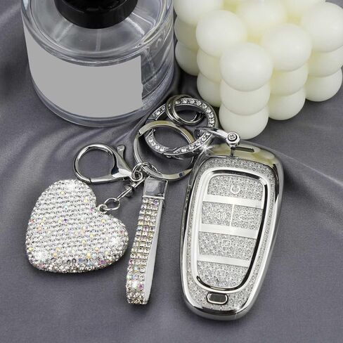 Key Fob Cover with Diamond Keychain Fit for Hyundai Car Key Holder Case Compatible with Hyundai 2023 2022 2021 2020 Sonata Santa Fe Tucson Smart Remote Key Protector, 5 Buttons (Silver-Heart) in Kuwait