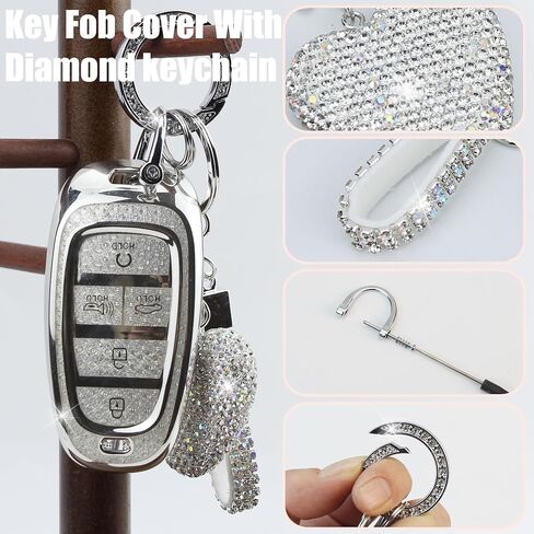 Key Fob Cover with Diamond Keychain Fit for Hyundai Car Key Holder Case Compatible with Hyundai 2023 2022 2021 2020 Sonata Santa Fe Tucson Smart Remote Key Protector, 5 Buttons (Silver-Heart) in Kuwait