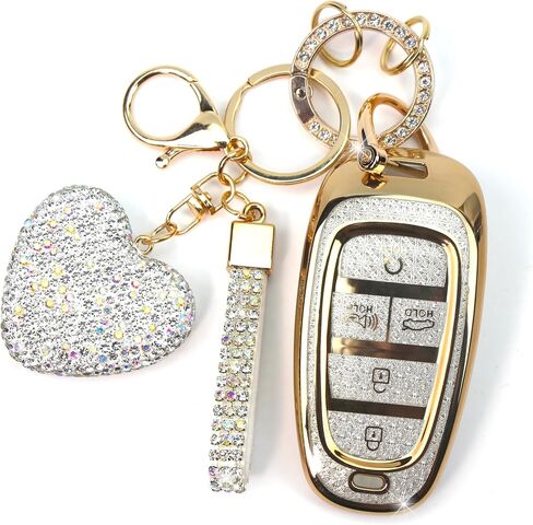 Key Fob Cover with Diamond Keychain Fit for Hyundai Car Key Holder Case Compatible with Hyundai 2023 2022 2021 2020 Sonata Santa Fe Tucson Smart Remote Key Protector, 5 Buttons (Silver-Heart) in Kuwait