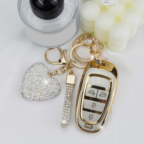 Key Fob Cover with Diamond Keychain Fit for Hyundai Car Key Holder Case Compatible with Hyundai 2023 2022 2021 2020 Sonata Santa Fe Tucson Smart Remote Key Protector, 5 Buttons (Silver-Heart) in Kuwait