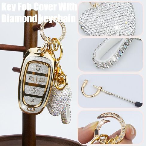 Key Fob Cover with Diamond Keychain Fit for Hyundai Car Key Holder Case Compatible with Hyundai 2023 2022 2021 2020 Sonata Santa Fe Tucson Smart Remote Key Protector, 5 Buttons (Silver-Heart) in Kuwait