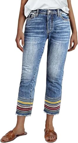 Women's Mid Waist Boyfriend Jeans Medium High Stretch Light Blue Leg Cuffs Multicolor Stripe Embroidery Seven Points Jeans in Saudi Arabia