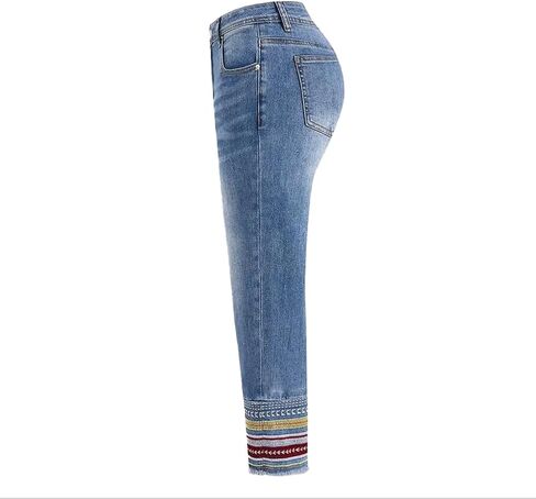 Women's Mid Waist Boyfriend Jeans Medium High Stretch Light Blue Leg Cuffs Multicolor Stripe Embroidery Seven Points Jeans in Saudi Arabia