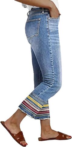 Women's Mid Waist Boyfriend Jeans Medium High Stretch Light Blue Leg Cuffs Multicolor Stripe Embroidery Seven Points Jeans in Saudi Arabia