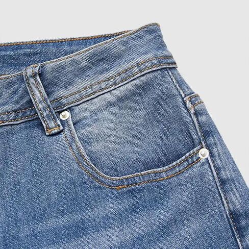 Women's Mid Waist Boyfriend Jeans Medium High Stretch Light Blue Leg Cuffs Multicolor Stripe Embroidery Seven Points Jeans in Saudi Arabia