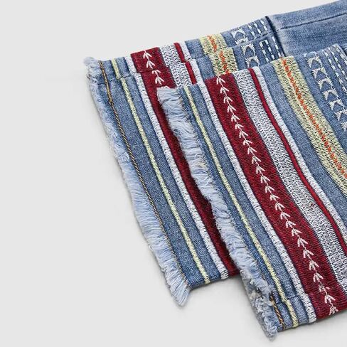 Women's Mid Waist Boyfriend Jeans Medium High Stretch Light Blue Leg Cuffs Multicolor Stripe Embroidery Seven Points Jeans in Saudi Arabia