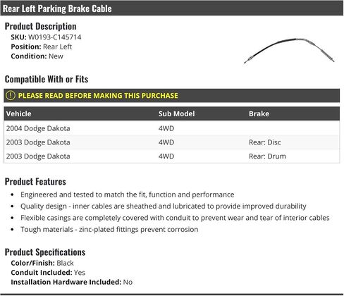 Rear Left Driver Side Parking Brake Cable - Compatible with 2003-2004 Dodge Dakota 4WD in Saudi Arabia