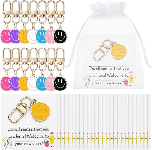 50 Set First Day of School Gifts for Students Smile Face Keychain Bulk and Inspirational Cards with Organza Bags Back to School Student Gift Welcome to Your New Class in Saudi Arabia
