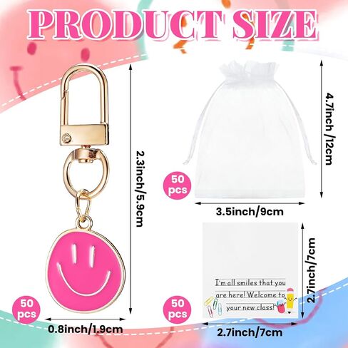 50 Set First Day of School Gifts for Students Smile Face Keychain Bulk and Inspirational Cards with Organza Bags Back to School Student Gift Welcome to Your New Class in Saudi Arabia