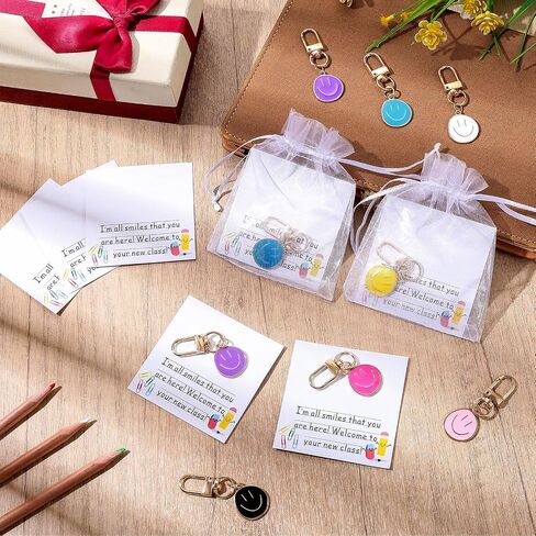 50 Set First Day of School Gifts for Students Smile Face Keychain Bulk and Inspirational Cards with Organza Bags Back to School Student Gift Welcome to Your New Class in Saudi Arabia